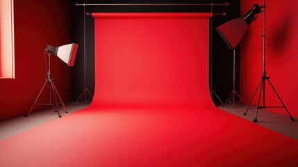 Professional red photography studio backdrop with lighting equipment setup