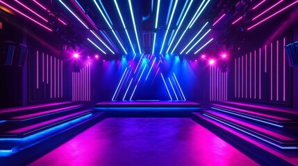 Neon light corridor background. Abstract led and laser stage in futuristic club room. Empty dance concert hall for fashion party. Cyber interior bg with catwalk and glow line in red and blue.