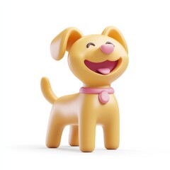 A cheerful, cartoonish yellow dog figurine with a pink collar, exuding joy and playfulness.
