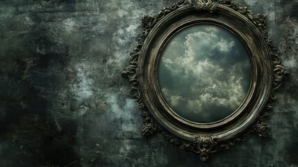 Obraz premium Ornate Antique Frame Reflecting Stormy Clouds