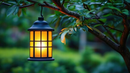 Glowing Lantern Hanging from a Tree Branch