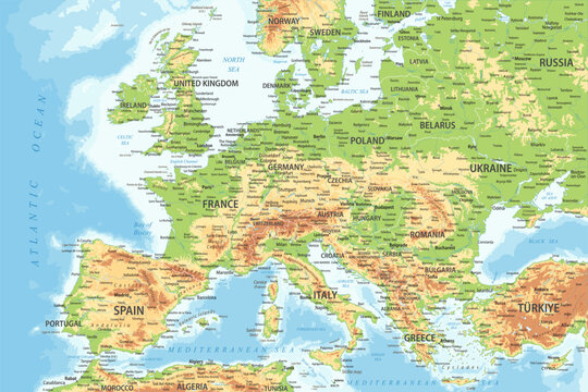 Europe Map Topographic Relief Colored - stock vector illustration