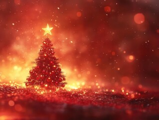 ethereal winter scene with illuminated christmas tree, vintage red glass ornaments catching light, golden star topper, dreamy bokeh background in deep crimson, nostalgic atmosphere