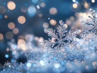 ethereal winter wonderland scene with crystalline snowflakes dancing against deep midnight blue backdrop, ornate glass ornaments catching light with pearlescent shimmer, dreamy bokeh effects