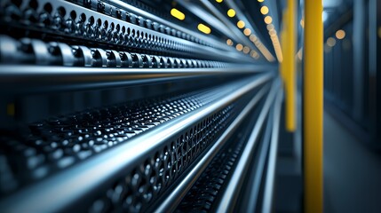 A close-up view of organized cables and racks, showcasing a modern data center's infrastructure and technology.