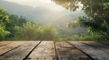 Fototapeta premium Blurry outdoor nature background with wooden tabletop for product promotion display.