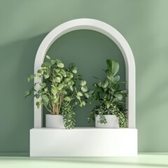 Minimalist stage with a white podium surrounded by tropical leaves