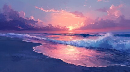 Fototapeta premium A dreamy beach scene at dawn with soft pastel-colored sands, coral reefs visible through the clear, shallow waters, gentle waves rolling in, and a sky transitioning from dark blue to light pink