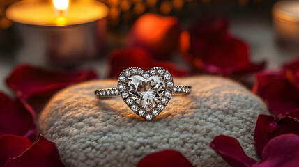 A heart-shaped engagement ring on a soft cushion surrounded by rose petals and flickering candlelight
