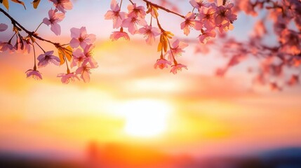 A serene sunset scene with cherry blossom branches framed against a colorful sky, evoking tranquility and the beauty of nature.