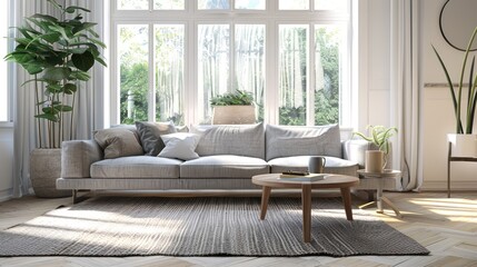 Bright living space featuring comfortable grey couch and coffee table by large window