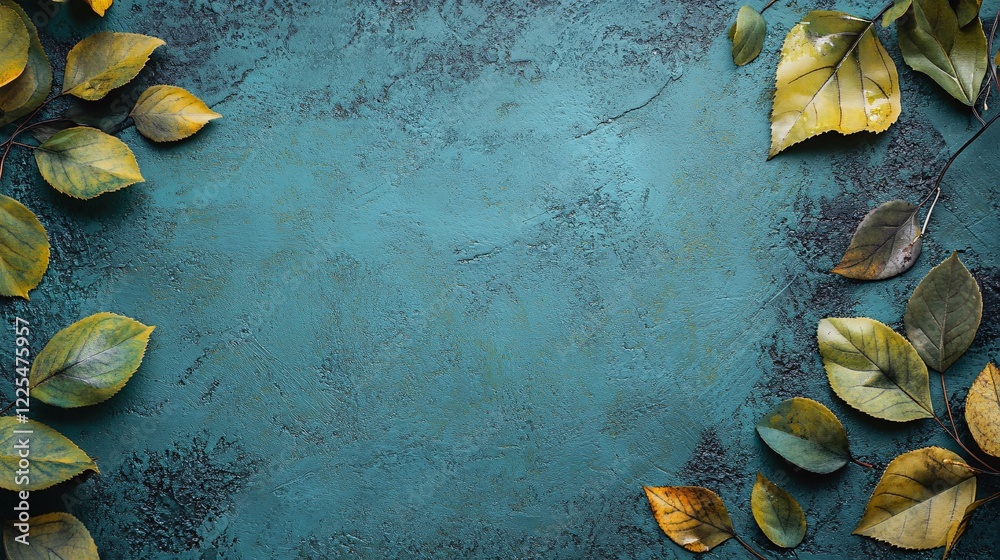 Aufkleber autumn leaves bordering textured teal background creating copy space