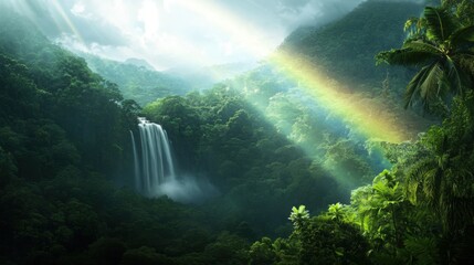 Obraz premium A lush, vibrant rainforest scene featuring a waterfall, rays of sunlight, and a double rainbow, showcasing the beauty of nature.