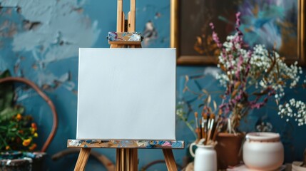 Canvas frame on easel with flower decor and empty space