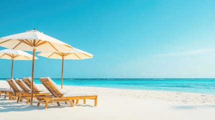 A serene beach scene featuring lounge chairs and umbrellas against a clear blue sky and sparkling ocean.