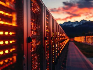 glowing cryptocurrency mining farm at sunset, rows of servers stretching to horizon with mountains in background, dramatic lighting