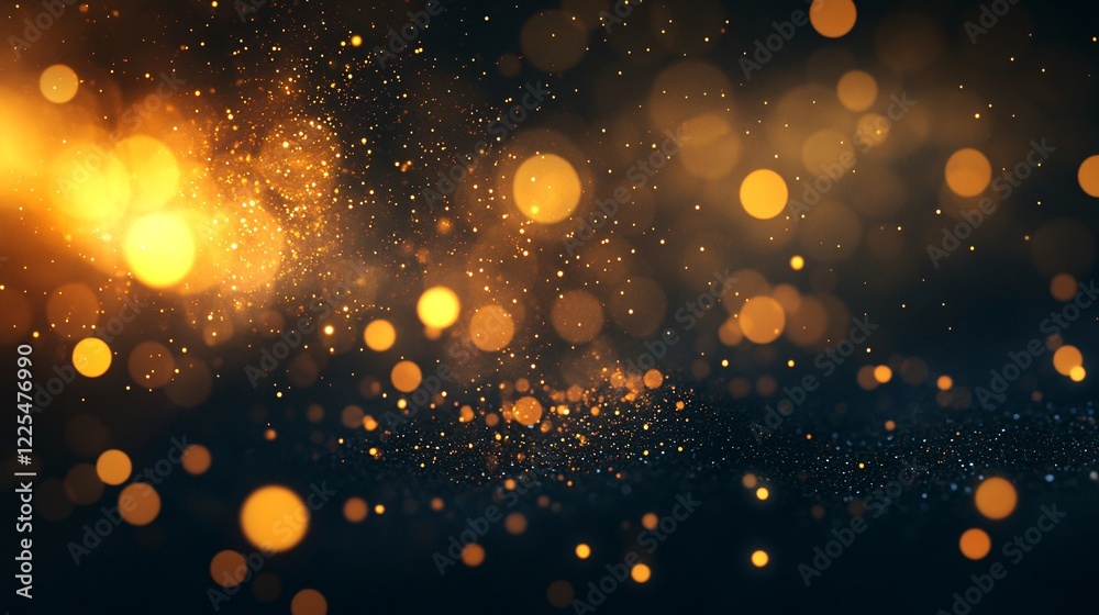 Poster Golden particles and bokeh lights creating festive atmosphere on dark background