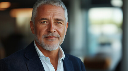 Fototapeta premium A seasoned male leader with short silver hair, wearing a dark blue blazer over a white shirt, standing in front of a softly blurred modern office setting, captured from the waist up with a polished