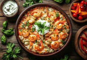 Colorful Platter of Shrimp and Rice Garnished with Fresh Herbs