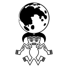 Stylized human figurine holding full moon. Indian lunar deity. Indigenous Native American design from ancient Peru. Recuay culture. Black and white silhouette.