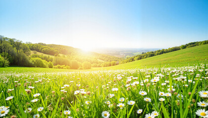 Scenic flowering meadow at midday in countryside valley, Nature's Canvas