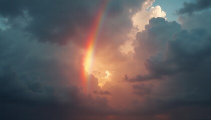 Fototapeta premium Bold rainbow with intense colors over stormy sky, dramatic lighting with sun rays piercing through dark clouds 