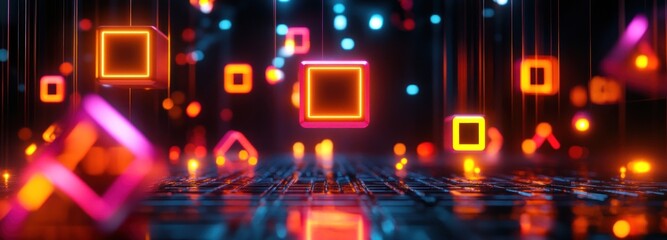 Neon Cubes and Shapes Illuminate Dark Grid