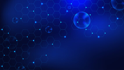 Hexagon pattern with blue bubbles and glowing particles on dark blue background