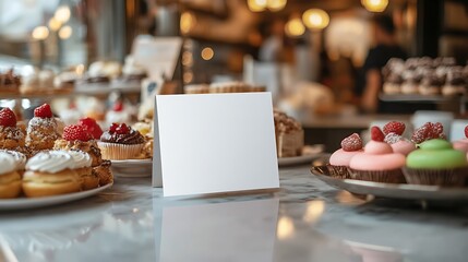 Showcasing delicious desserts on a white billboard marble table setting cozy  environment inviting sweet treats display