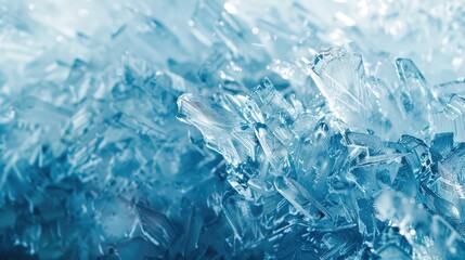 Close-up of ice's crystalline texture in cold hues, ice formation