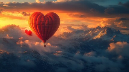 Obraz premium A whimsical red heart balloon floating above snow-covered peaks, symbolizing love and adventure. Great for Valentine's Day cards, travel, and romance themes.