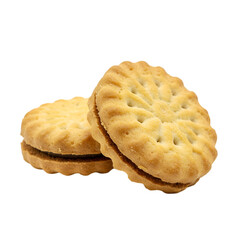 Two Golden Sandwich Cookies with Chocolate Filling on Black Background