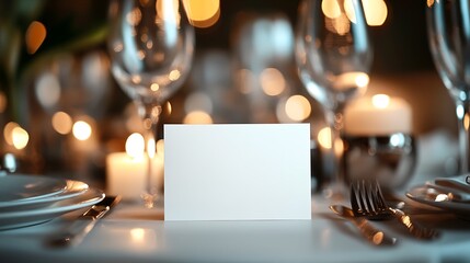 Elegant mock-up white billboard display at a romantic dinner table setting soft lighting intimate atmosphere