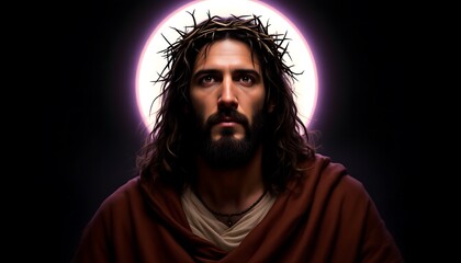 Fototapeta premium A portrait of a man with long hair and a beard, wearing a robe and a crown of thorns, with a solemn expression on his face, surrounded by a glowing halo.