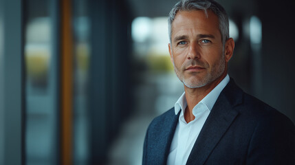 Fototapeta premium A seasoned male leader with short silver hair, wearing a dark blue blazer over a white shirt, standing in front of a softly blurred modern office setting, captured from the waist up with a polished