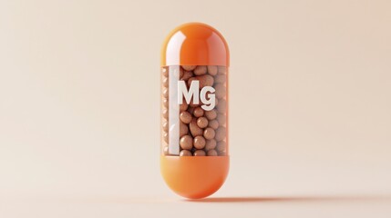 A photo of an orange capsule with the word Mg on it, filled inside with brown and white spherical pellets. The capsule stands upright on its edge against a plain background