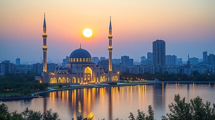 Fototapeta premium Illuminated Mosque Sunset Cityscape Peaceful Scene