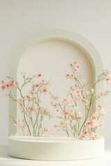 Minimalist white podium with delicate pink flowers and greenery in front of a neutral arch-shaped background.