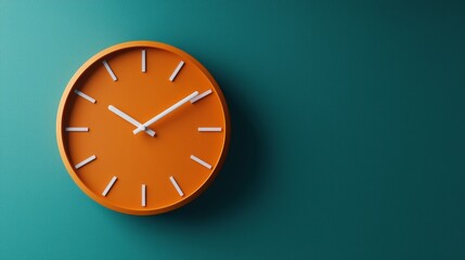 Modern orange wall clock against teal background