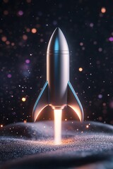 Fototapeta premium The rocket launches powerfully into the night sky, illuminated by a vibrant neon blue and silver glow. Surrounding it are twinkling cosmic elements creating a majestic atmosphere