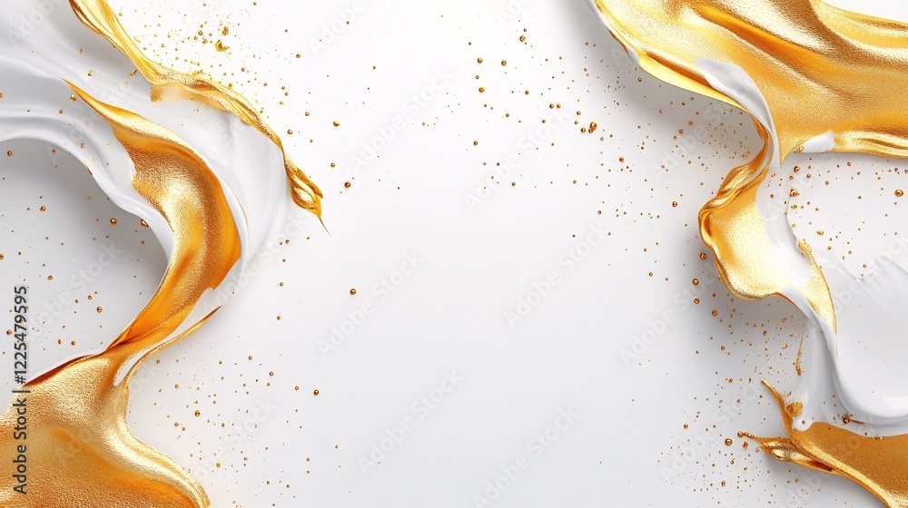 Poster golden and white liquid paint mixing, creating an abstract design