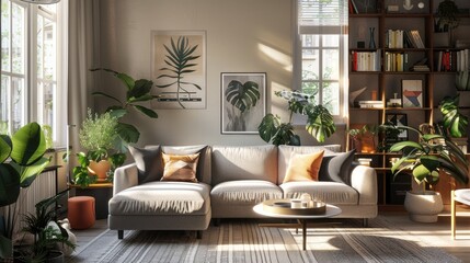 Obraz premium Cozy light living room with grey sofa, plants, and table