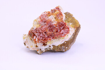 Vanadinite crystals on barite,  white background