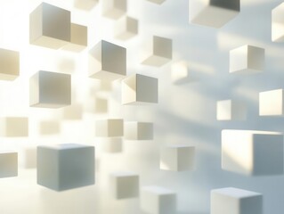 minimalist 3d geometric composition, floating white and cream blocks casting soft shadows, clean architectural aesthetic, studio lighting