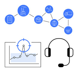 Supply chain diagram with factories, warehouses, transport, and shopping cart, connected by nodes. Includes data graph, customer support headset. Ideal for logistics, analytics customer service