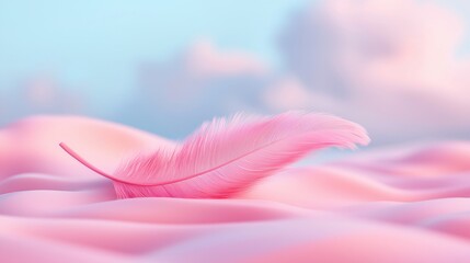 Soft pink feather resting on a dreamy pastel landscape