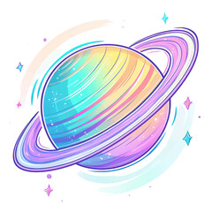 Isolated Cartoon Style Planet with Rings and Stars