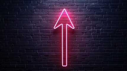 Neon arrow sign glowing on a dark brick wall