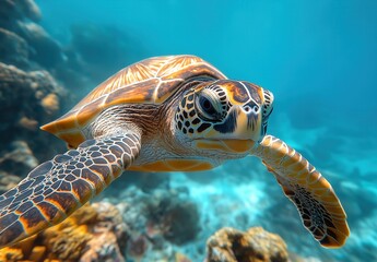 Obraz premium The turtle swims in clear transparent water.