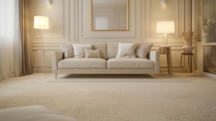Elegant living space featuring a light beige carpet and couch. Interior design